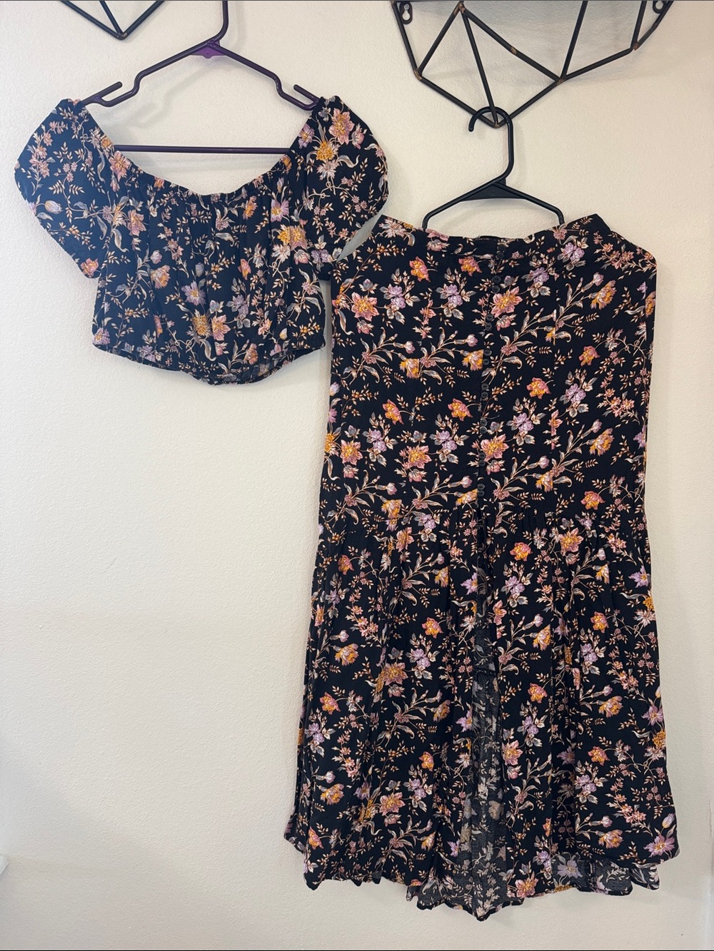 American Eagle Black Floral Two-Piece Crop Top & button Maxi Skirt with slit Set